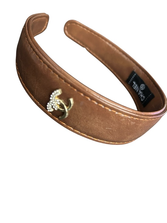 Brown Leather Headband with Pearl-Embellished CC Accent main image 8